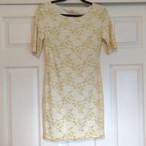 Fitted White and Gold Lace Dress